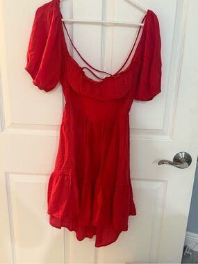 Princess Polly Red Puff-Sleeve Tiered High-Low Mini Dress